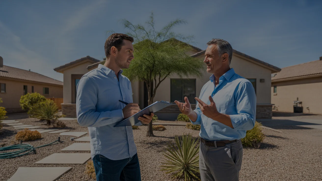 Homeowner discussing landscaping costs with professional in Goodyear, Arizona front yard