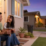 A couple relaxes on their front porch in Tempe, AZ at dusk
