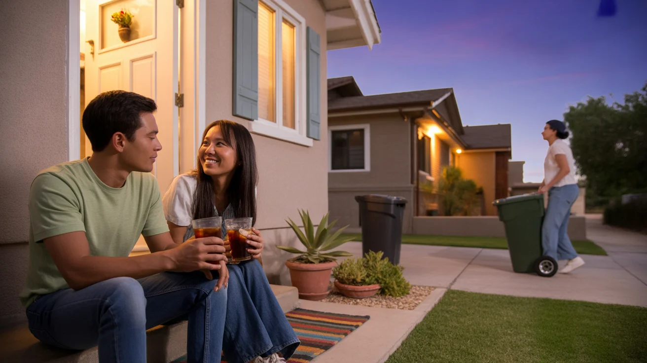A couple relaxes on their front porch in Tempe, AZ at dusk