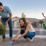 Couple tends to xeriscape yard in Buckeye, Arizona suburb at sunset