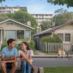 Couple sitting on porch of Riverside bungalow, waving to neighbor walking dog on street with mixed housing types