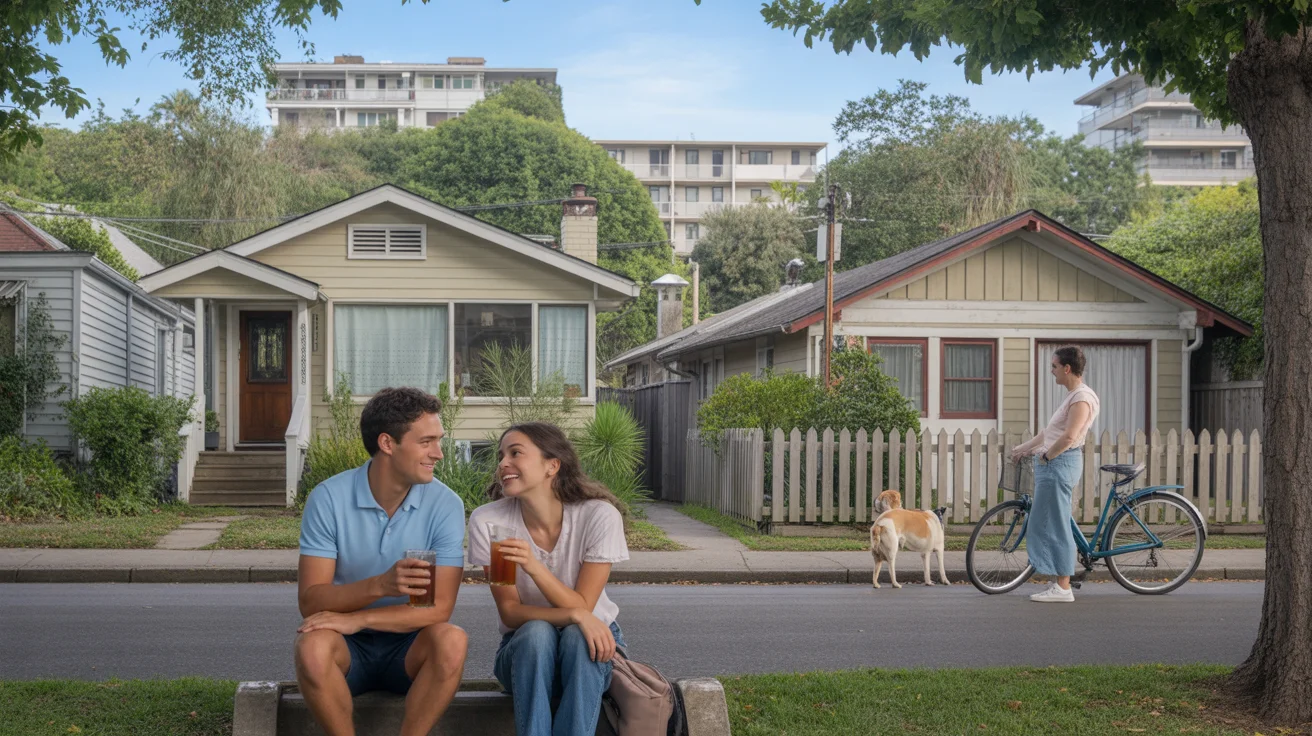 Couple sitting on porch of Riverside bungalow, waving to neighbor walking dog on street with mixed housing types