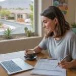 Woman working on monthly budget and bills at her kitchen table in El Mirage apartment