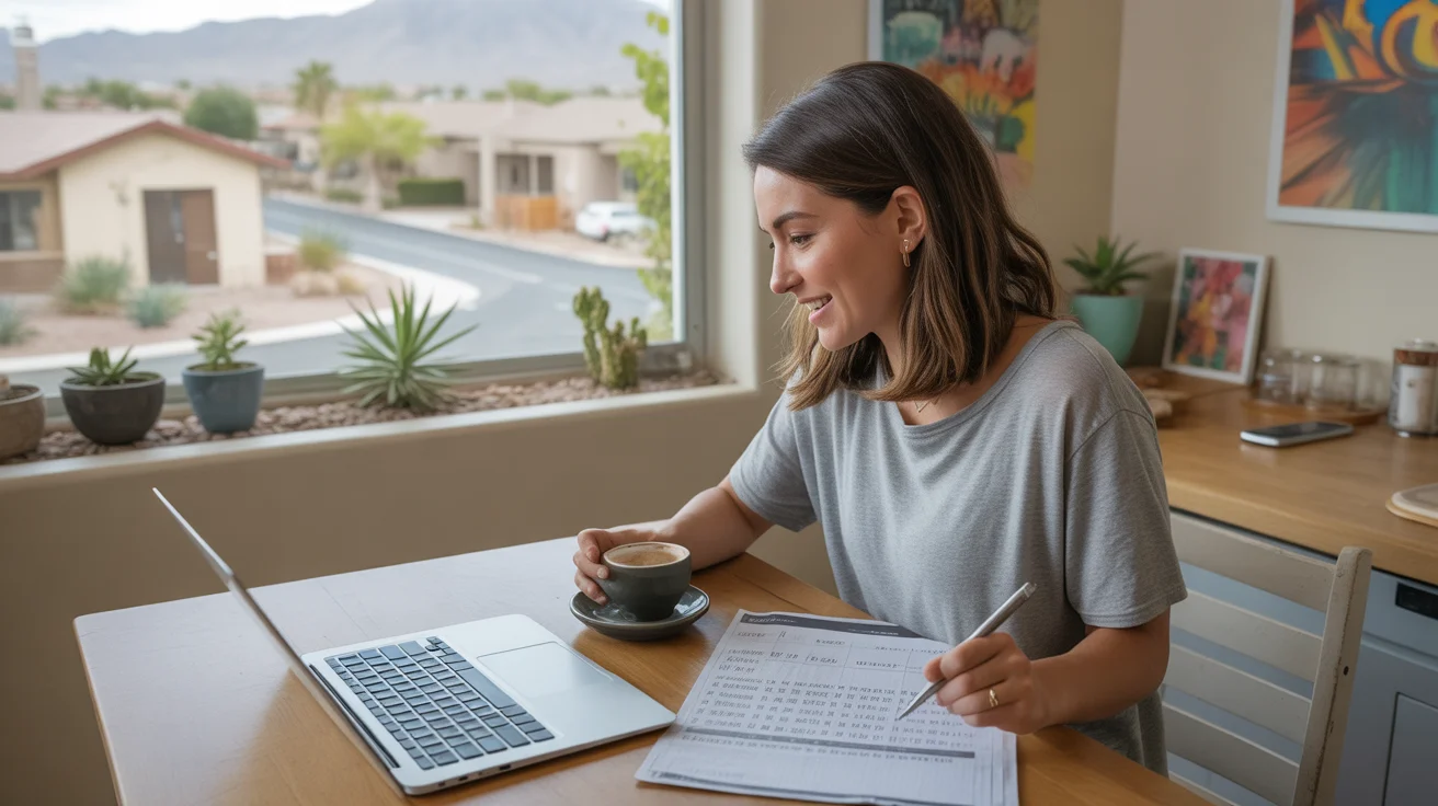 Woman working on monthly budget and bills at her kitchen table in El Mirage apartment