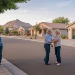 Father teaching daughter to ride bike while neighbors chat in driveway of suburban Mesa homes at sunset