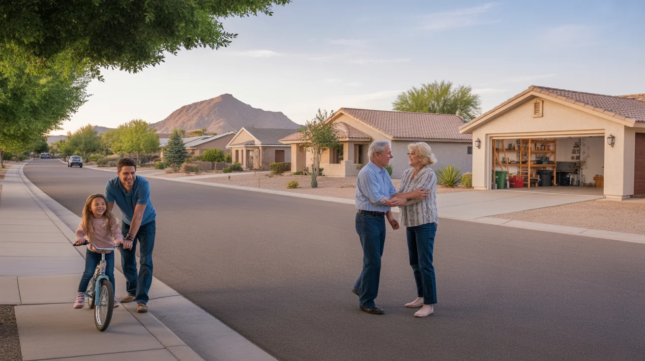 Father teaching daughter to ride bike while neighbors chat in driveway of suburban Mesa homes at sunset