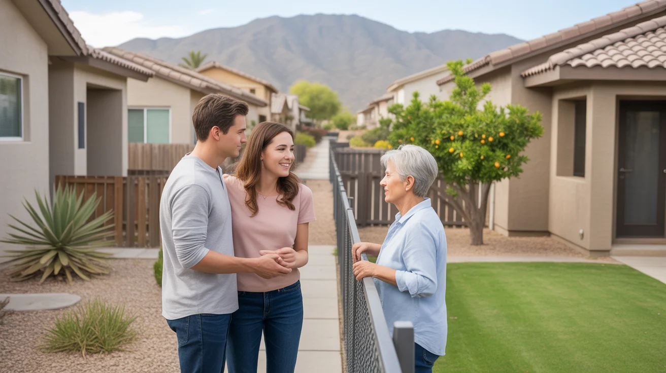 Neighbors chatting across fence between duplex and single-family home in Maricopa, AZ