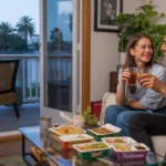 Couple enjoying takeout dinner in their Riverside apartment
