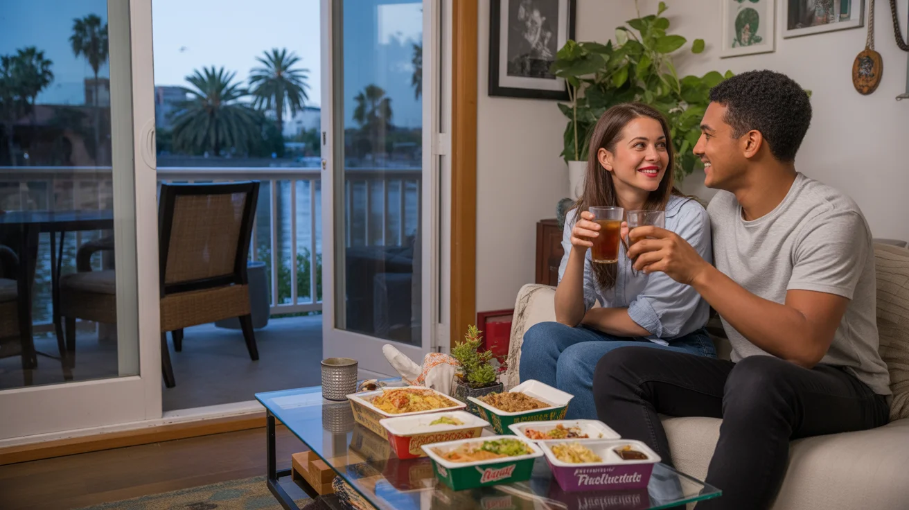 Couple enjoying takeout dinner in their Riverside apartment
