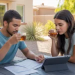 Couple reviewing summer utility bills on tablet at backyard patio table