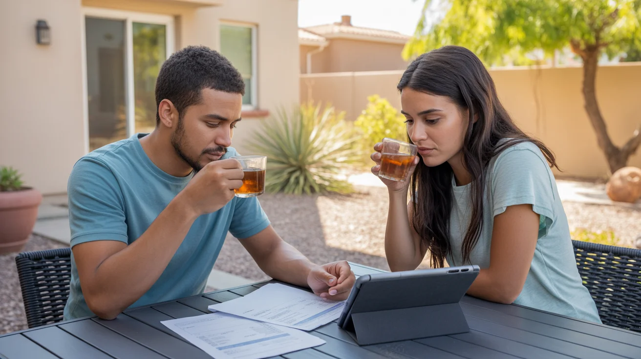 Couple reviewing summer utility bills on tablet at backyard patio table