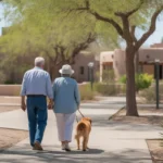 Retired couple walking dog through park in Surprise, Arizona