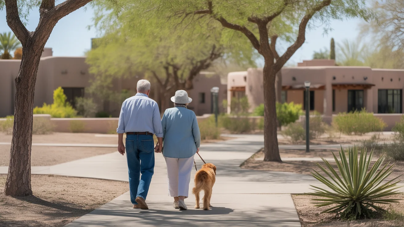 Retired couple walking dog through park in Surprise, Arizona