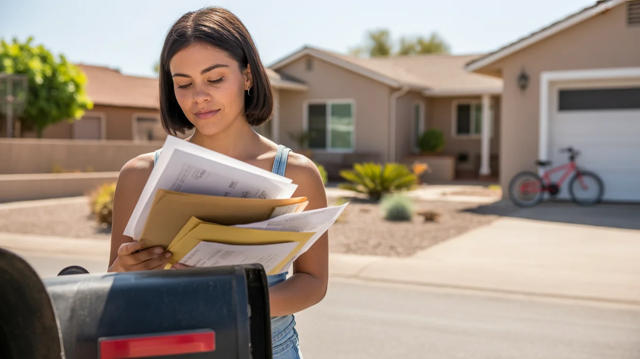 Woman checking utility bills and notices from her mailbox outside her Tempe home