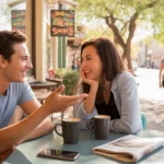 Two roommates enjoying coffee and conversation at a local café on a weekend morning in Surprise, Arizona