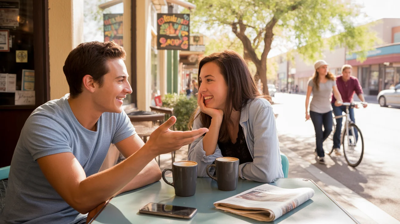 Two roommates enjoying coffee and conversation at a local café on a weekend morning in Surprise, Arizona