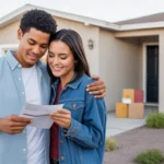 Young couple standing in driveway of new home in Avondale, Arizona