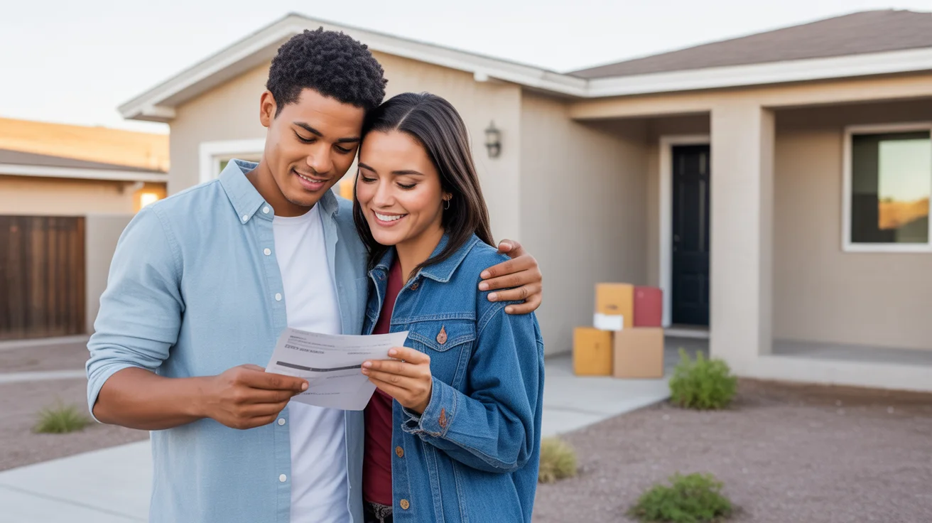 Young couple standing in driveway of new home in Avondale, Arizona