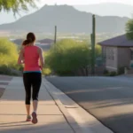 Woman jogging on sidewalk in peaceful Peoria, Arizona neighborhood