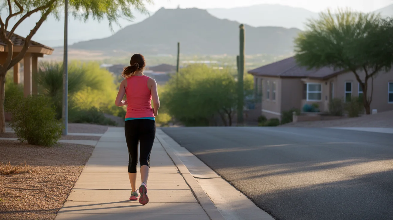 Woman jogging on sidewalk in peaceful Peoria, Arizona neighborhood