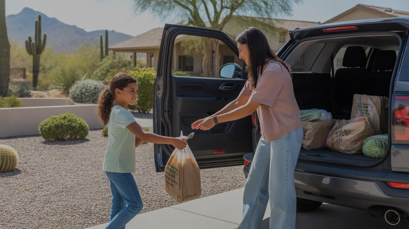 A family unloads groceries from their car outside their Scottsdale home on a sunny day