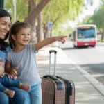 A mother and her two children waiting with luggage at a bus stop in Glendale, Arizona
