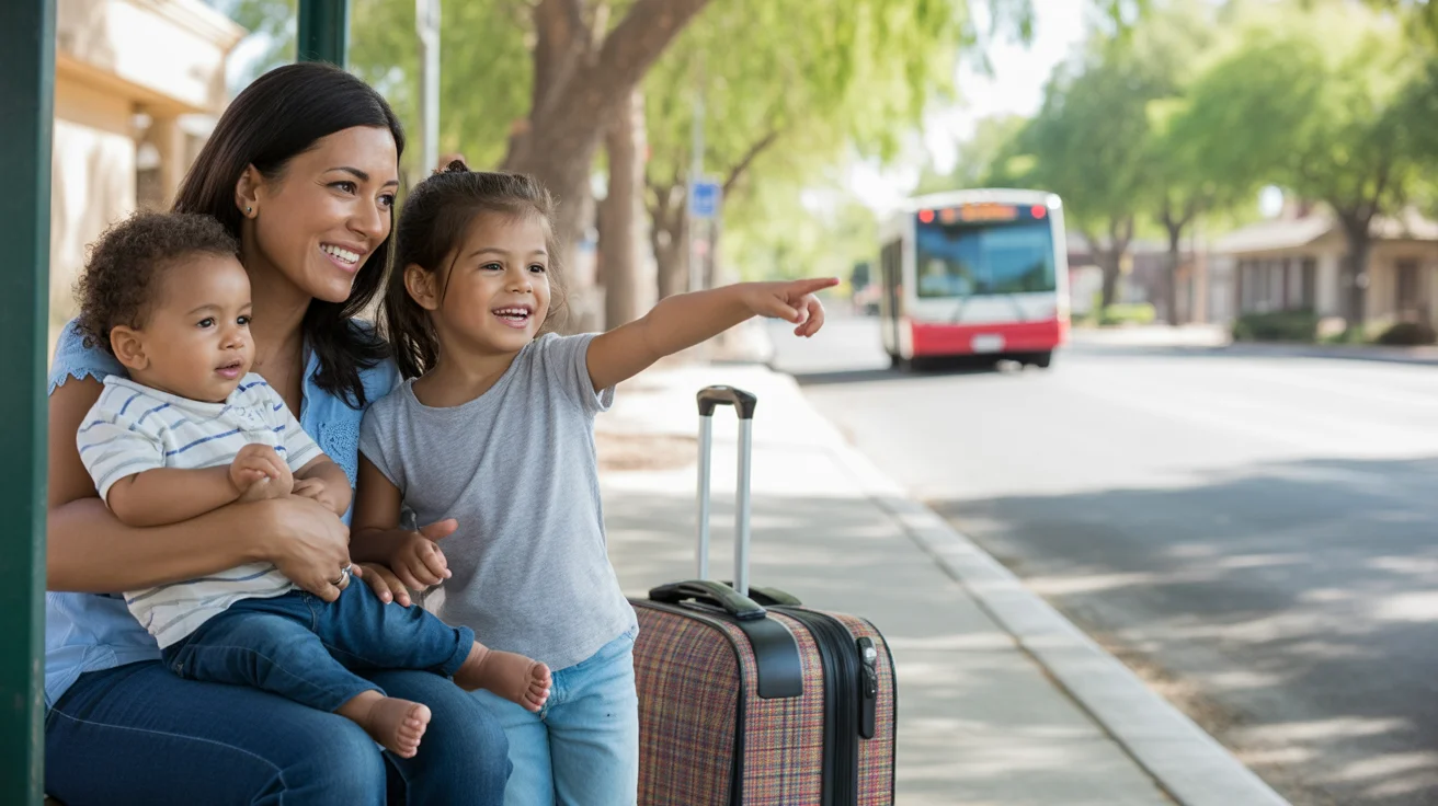 A mother and her two children waiting with luggage at a bus stop in Glendale, Arizona