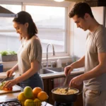 Couple cooks dinner together in kitchen of their Goodyear, AZ home