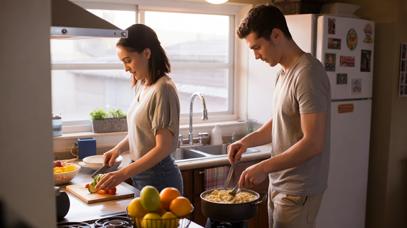 Couple cooks dinner together in kitchen of their Goodyear, AZ home