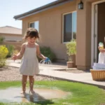 A young girl plays in a sprinkler in the backyard of a home in Queen Creek, Arizona while her mother watches from the patio