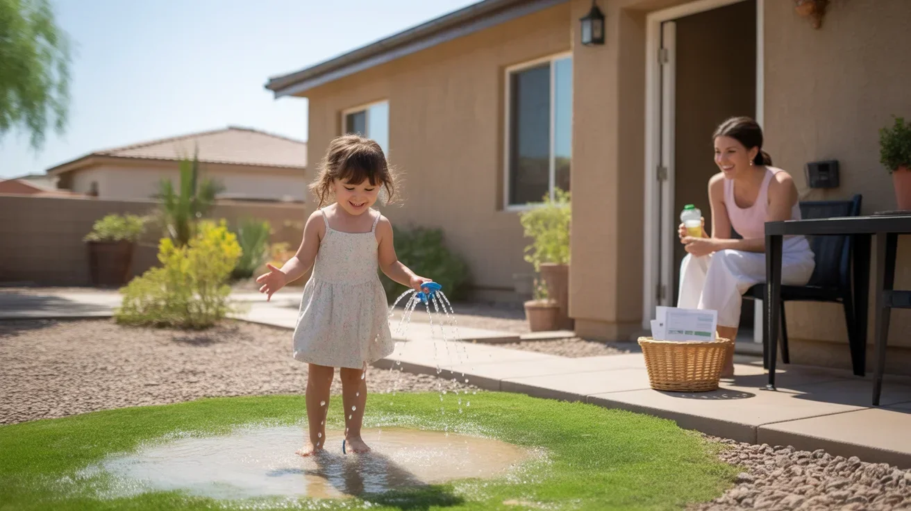 A young girl plays in a sprinkler in the backyard of a home in Queen Creek, Arizona while her mother watches from the patio