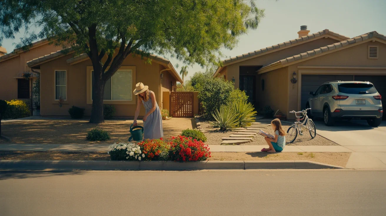 A woman waters flowers beside her garage in a Phoenix suburb as a girl reads on a neighboring porch.