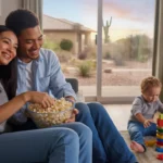 Couple watching TV together on couch in Chandler living room as child plays nearby