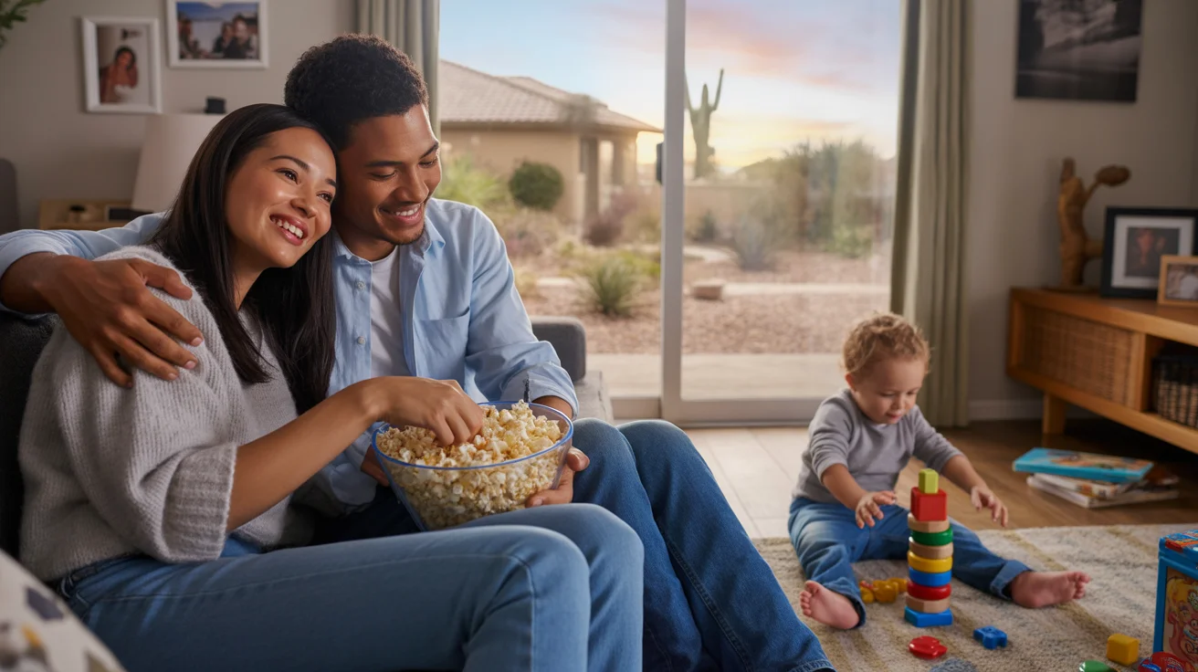 Couple watching TV together on couch in Chandler living room as child plays nearby