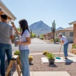 Couple painting house trim as neighbor cleans her condo in Apache Junction AZ