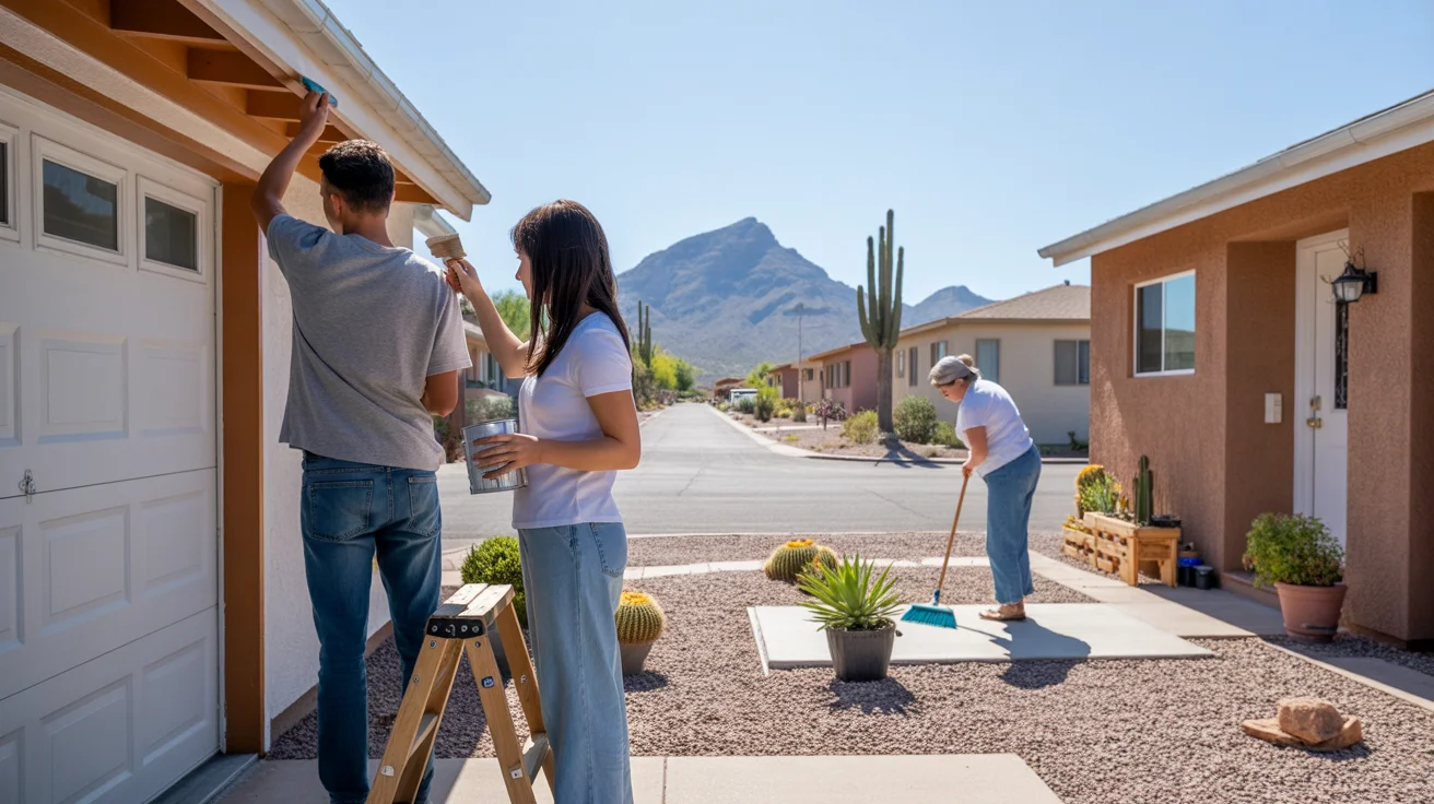 Couple painting house trim as neighbor cleans her condo in Apache Junction AZ