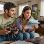 A couple sorts through streaming remotes and bills in their cozy Apache Junction living room