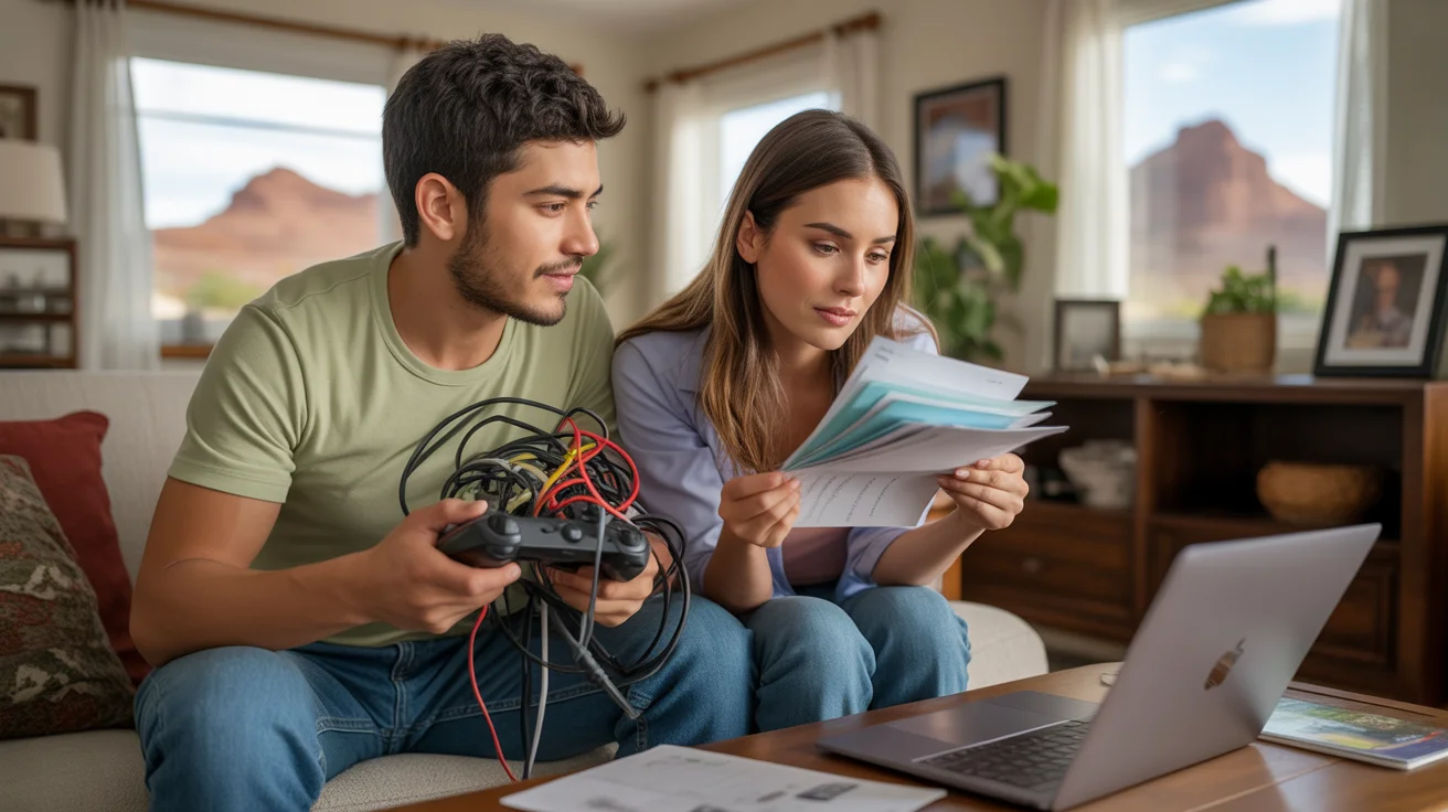 A couple sorts through streaming remotes and bills in their cozy Apache Junction living room