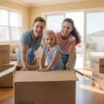 Family unpacking in their new home after moving to Mesa, Arizona