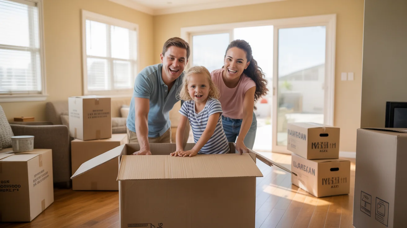 Family unpacking in their new home after moving to Mesa, Arizona