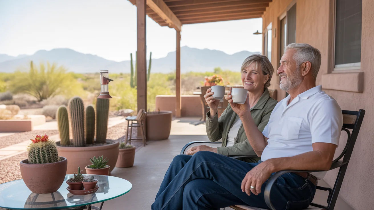 Retired couple enjoying coffee on patio with mountain views in Apache Junction