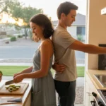 Couple cooking together in kitchen of their new Avondale home