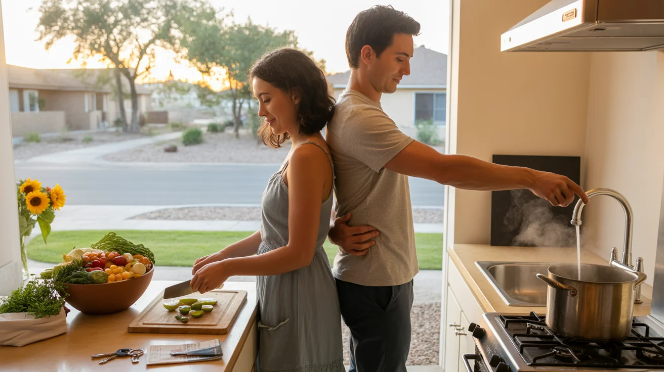Couple cooking together in kitchen of their new Avondale home