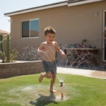 A young boy playing in a sprinkler in the backyard of a suburban home in Mesa, Arizona on a hot summer day