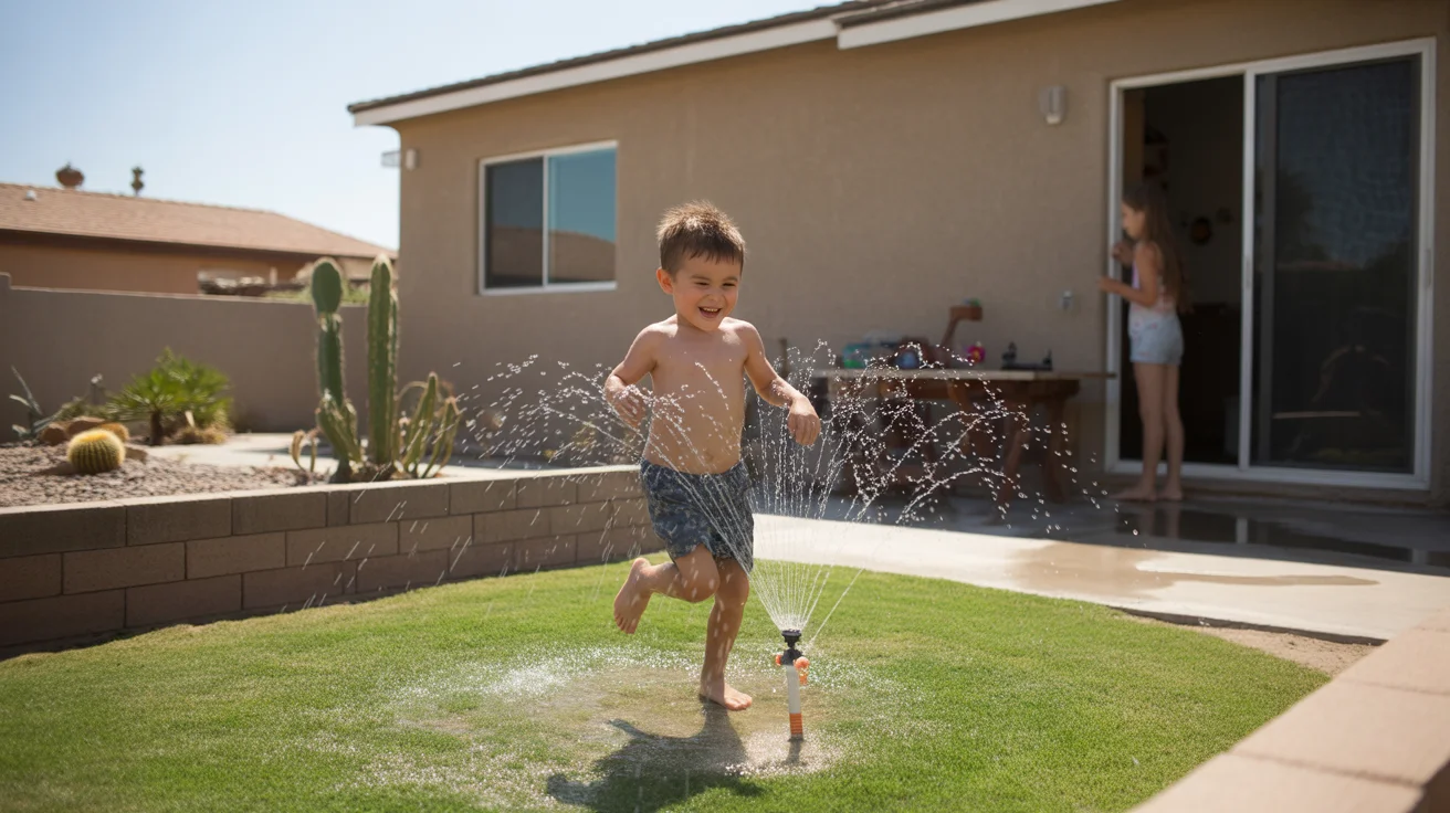 A young boy playing in a sprinkler in the backyard of a suburban home in Mesa, Arizona on a hot summer day