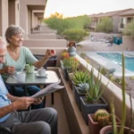A retired couple enjoying a peaceful morning on their apartment balcony in San Tan Valley, Arizona