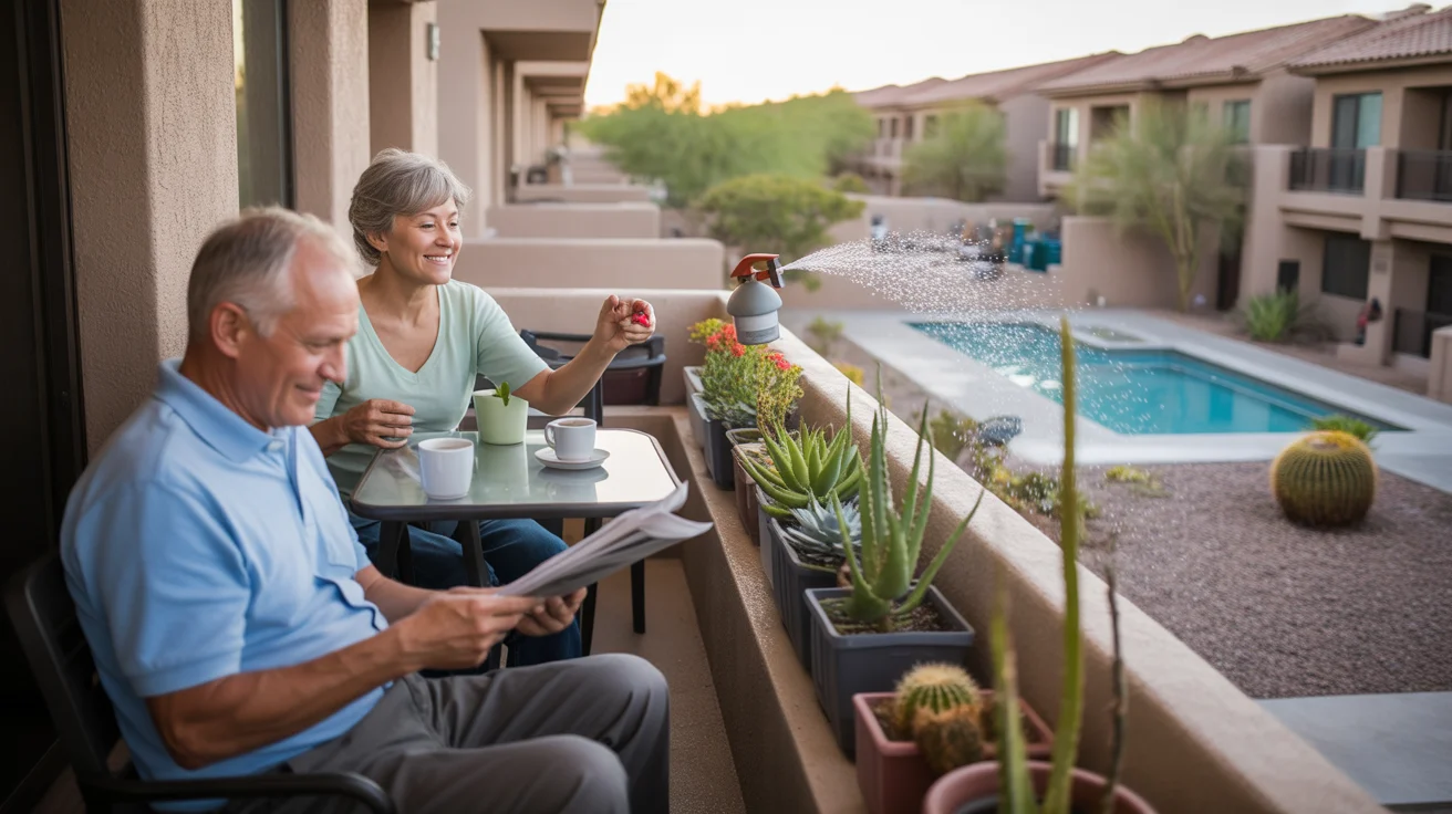 A retired couple enjoying a peaceful morning on their apartment balcony in San Tan Valley, Arizona
