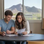 Couple budgeting in their new Scottsdale apartment with mountain view and moving boxes