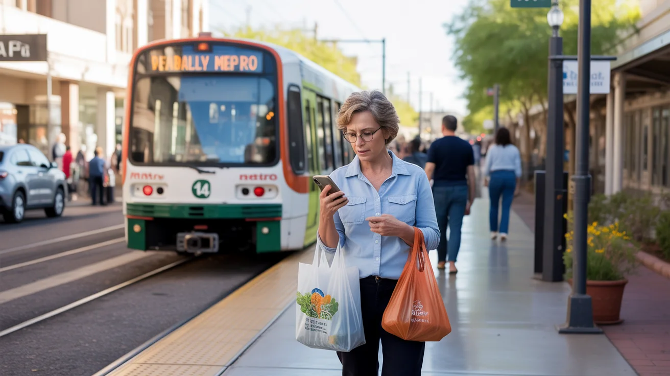 Woman exiting Phoenix light rail station holding phone and reusable shopping bags