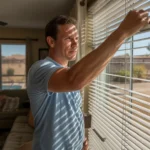 Man adjusting blinds in living room of Peoria home on hot summer day